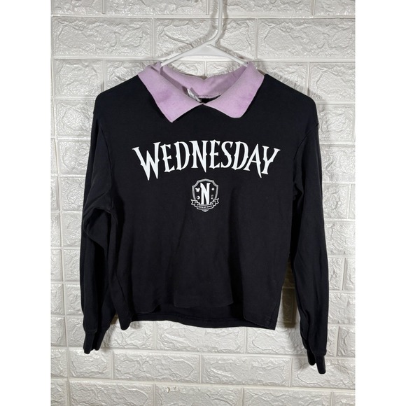 Zara Wednesday Nevermore Academy Sweatshirt Black Purple Collar Size 11-12 - Picture 1 of 9